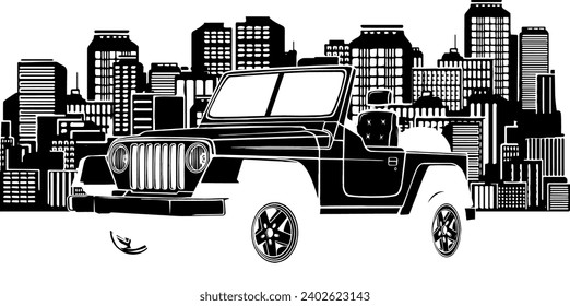 black silhouette of jeep in front of a big city silhouette, flat style illustration