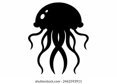 Black silhouette of Jellyfish with flowing tentacles. Oceanic medusa. Concept of ocean animal, sea creature. Graphic illustration. Print, icon, logo, element for design. Isolated on white background