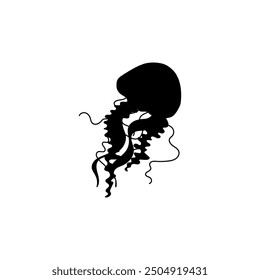 Black silhouette of a jellyfish with flowing tentacles. Minimalistic vector illustration of a marine creature. Ideal for ocean-themed designs and educational materials.