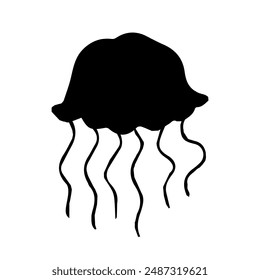 Black silhouette of jellyfish isolated on white background, sea life, design element, vector.