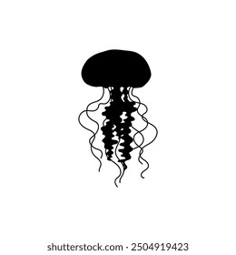 Black silhouette of a jellyfish with long tentacles. Pacific sea nettle Chrysaora Fuscescens. Marine fauna. Inhabitant of ocean spaces and depths. Vector illustration isolated on white background.