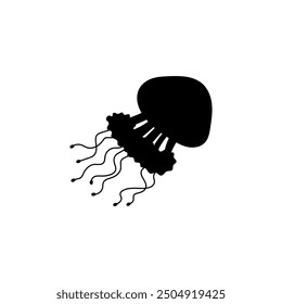 Black silhouette of a jellyfish with long tentacles. Phyllorhiza punctata. Large animal. Resident of the underwater world. Inhabitant of sea waters. Vector illustration isolated on white background.