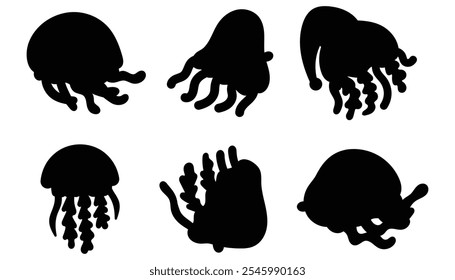 Black Silhouette of Jellyfish, Marine Life Icon