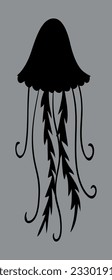Black silhouette of jellyfish. Vector on gray background