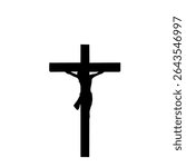 Black silhouette of Jesus Christ on the cross, representing crucifixion. Religious Christian symbol for sacrifice, faith, and salvation in simple vector style
