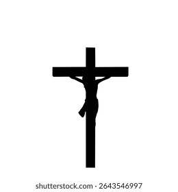 Black silhouette of Jesus Christ on the cross, representing crucifixion. Religious Christian symbol for sacrifice, faith, and salvation in simple vector style