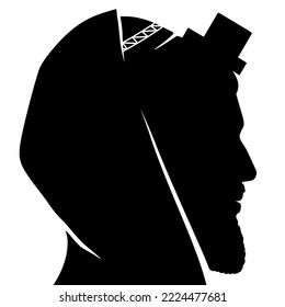 Silueta negra de un judío rezando con Kippah, Tallit y Tefillin en la cabeza. Persona religiosa judía retrata ilustración vectorial de estilo plano aislada en fondo blanco.