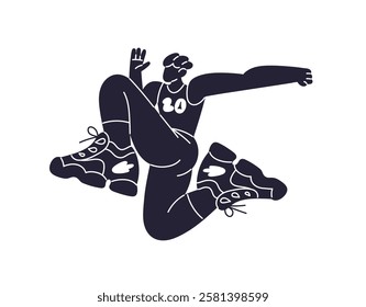 Black silhouette of jogger in sportswear runs fast in marathon, sprint. Shadow of runner jogging, training. Abstract sportsman rushing to sports win. Flat isolated vector illustration on white