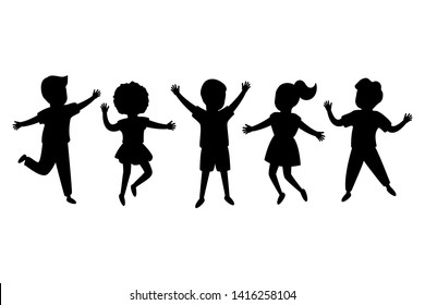 Black silhouette joyful children jump together. Kids playing. Happy childhood of boys and girls. Isolated vector illustration on white background