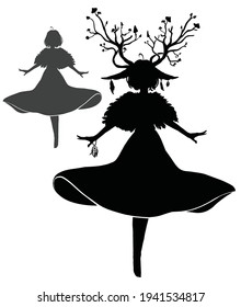 The black silhouette of a joyfully dancing dryad girl with large horns in which flowers grow, she gracefully turns around fluttering her long dress through the air. 2d illustration