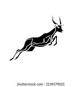 Black silhouette of the jumping antilope (Kobus leche) on white background. Graphic drawing. Vector illustration.