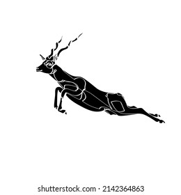 Black silhouette of the jumping blackbuck (Antilope cervicapra) on white background. Graphic drawing. Vector illustration.