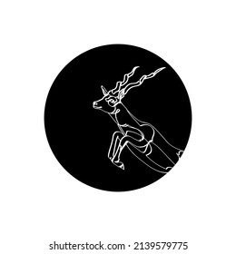 Black silhouette of the jumping blackbuck in black circle. Graphic drawing. Vector illustration.