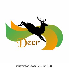 A black silhouette of a jumping deer with an abstract green and orange gradient background, presenting a dynamic and elegant feel suitable for various creative design purposes.