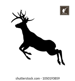 Black silhouette of jumping deer on white background. Forest animals. Detailed isolated image. Vector illustration