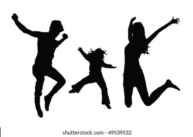 black silhouette of a jumping family