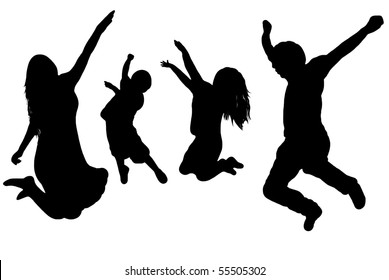 black silhouette of a jumping family