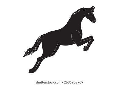 Silhueta preta de um cavalo saltando, isolado em um fundo branco.