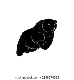 Silueta negra del oso polar que salta sobre fondo blanco. Dibujo gráfico. Ilustración vectorial.