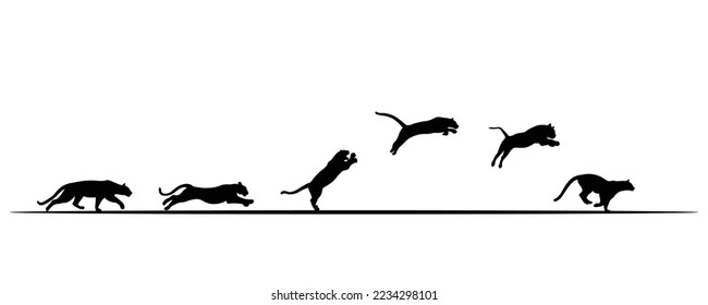 A black silhouette of a jumping tiger. Isolated on white background Tiger logo design set. Symbol, vector