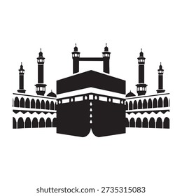 Black silhouette of the Kaaba and surrounding mosque architecture with minarets mecca islamic
