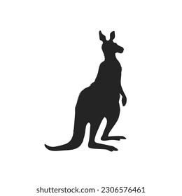 Black silhouette of kangaroo Australian animal flat style, vector illustration isolated on white background. Decorative design element, marsupial jumping animal with long tail