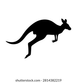Black silhouette of a kangaroo captured in mid-leap, showcasing its powerful hind legs and tail, set against a plain white background.