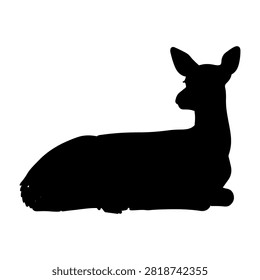 A black silhouette of a kangaroo lying down, showcasing its relaxed posture and distinctive tail, isolated on a white background.