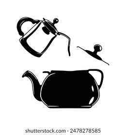 Black silhouette of a kettle and coffee pot icon silhouette isolated white background