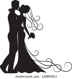 Black silhouette of kissing groom and bride