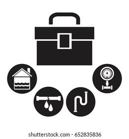 black silhouette kit plumbing with circular frame icons tools