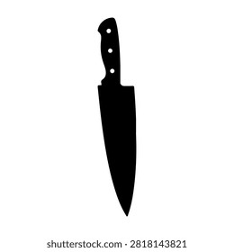 A black silhouette of a kitchen knife with a sharp blade and ergonomic handle, isolated on a white background, emphasizing its shape and form.