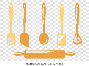 Black Silhouette of kitchen utensils isolated on transparent grid background