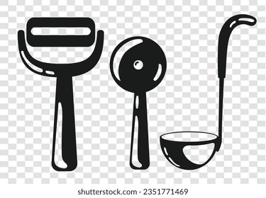 Black Silhouette of kitchen utensils isolated on transparent grid background