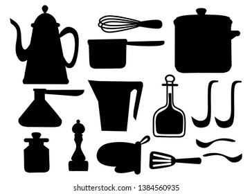 Black silhouette. Kitchen utensils set. Kitchenware, cookware, kitchen tools collection. Modern kitchen utensil icons in arabic style. Flat vector illustration isolated on white background.