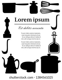 Black silhouette. Kitchenware, cookware, kitchen tools collection. Kitchen utensil icons in arabic style. Flat vector illustration on white background. Advertising flyer or greetings card design.