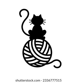 Black silhouette of a kitten sitting on a ball of yarn. Template for sign, symbol or logo 