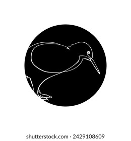 Silueta negra del pájaro del kiwi en círculo negro. Dibujo gráfico. Ilustración vectorial.