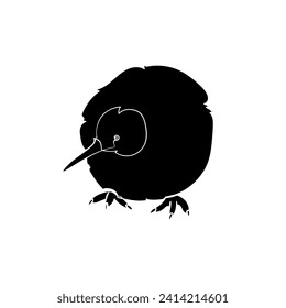 Black silhouette of kiwi bird on white background. Graphic drawing. Vector illustration.