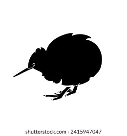 Black silhouette of kiwi bird on white background. Graphic drawing. Vector illustration.