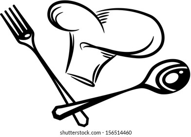 Black silhouette of knife, fork and hat. eps10
