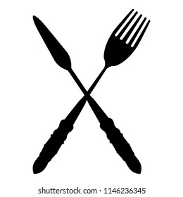 Black silhouette of Knife, spoon and fork. Knives and forks Flat symbols. Black silhouette isolated.