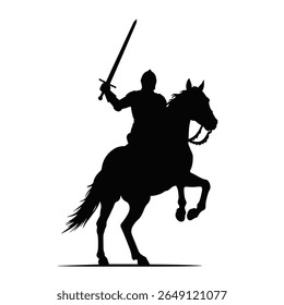 Black silhouette of a knight on a rearing horse holding a sword against a white background simple vector graphic