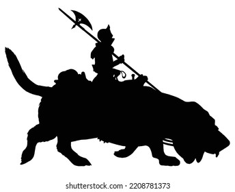 A black silhouette of a knight in plate armor riding a huge Basset Hound dog, he is a guard with a halberd making a patrol round. 2d vector art