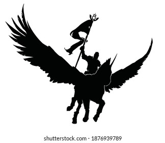 A black silhouette of a knight riding on a pegasus with huge wings, he bravely flies forward with a huge flag in his hand waving in the morning. 2d illustration.
