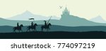Black silhouette of knights on background of castle attacked by dragon. Fantasy landscape. Medieval panorama. Vector illustration