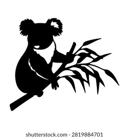 Black silhouette of a koala bear gripping a tree branch, emphasizing wildlife and nature themes with a simple, clean background.