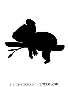 Black silhouette koala bear lies resting on a wood branch cartoon animal design flat vector illustration isolated on white background