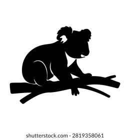A black silhouette of a koala bear sitting on a tree branch, highlighting its distinctive ears and body posture in a minimalistic style.