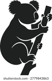 A black silhouette of a koala clinging to a tree branch, depicted in a simple, graphic style.